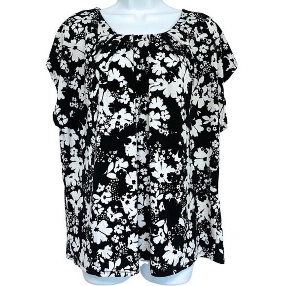Adrienne Vittadini Top Womens 1X Black White Garden Floral Pullover Blouse